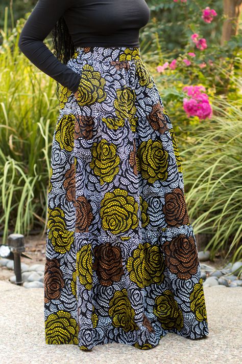 DIY Three Tiered Skirt with Pockets New Look 6516 Ankara African Print Flowers Tiered Ankara Dress, Ankara Tiered Dress Styles, Chitenge Skirts Ankara, Long Ankara Skirts Designs, Ankara Flare Skirt High Waist, Fitted Tiered Skirt, Ankara Long Skirt Styles, African Attire Skirts, Ankara Skirts Designs