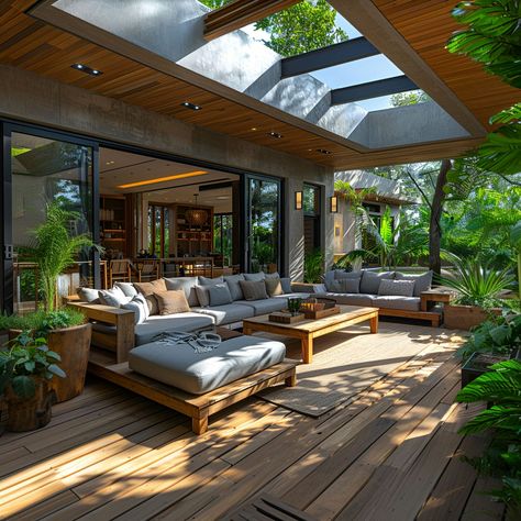 Explore the ultimate lanai design! This modern outdoor living area set in a tropical oasis features elegant wooden floors and cozy furniture. Skylights cast natural light across lush plants and large seating arrangements, enhancing the serene atmosphere. Perfectly suited for relaxation or entertainment, this space blends style with nature, offering a unique retreat under the open sky. Outdoor Setting Styling, Large Outdoor Area Ideas, Outdoor Porch Design, Deck Living Room, Large Open Balcony Ideas, Open Terrace Ideas Balconies, Alfresco Ideas Australia Outdoor Rooms, Modern Lanai Design, Tropical Living Area