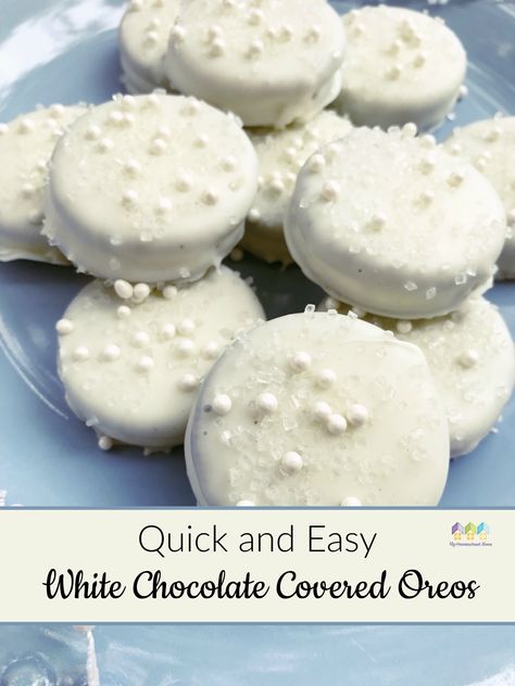 White Covered Oreos, White And Silver Chocolate Covered Oreos, Easy Party Sweets, White Fudge Covered Oreos, Oreo Cookies Dipped In White Chocolate, White Treats For Party, White Party Foods Snacks, All White Dessert Table Ideas, White Chocolate Covered Oreos Christmas