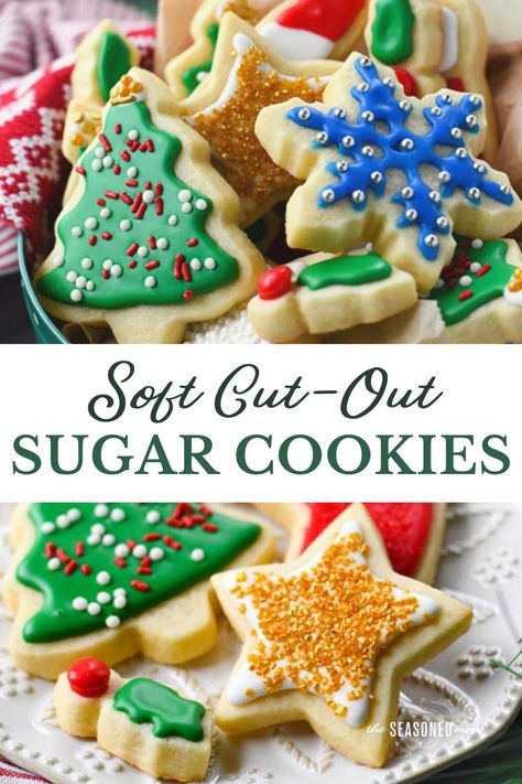 These thick, bakery-style soft cut out sugar cookies are a fun and festive addition to your Christmas cookie tray! Every mom (or grandma) should have an easy sugar cookie recipe that she can whip up in minutes with just a handful of simple ingredients. This is truly the best sugar cookie recipe ever! Cut out a batch and have fun decorating these sweet treats with your loved ones! Soft Cut Out Sugar Cookies, Christmas Sugar Cookies Recipe, Sugar Cookies Soft, Jul Kaka, Backing Ideas, Cut Out Sugar Cookies, Christmas Sugar Cookie Recipe, Lunch Dessert, Cut Out Sugar