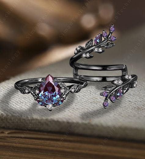 Black Band Wedding Ring, Halloween Wedding Rings, Alexandrite Engagement Ring White Gold, Elf Wedding Ring, Natural Alexandrite Ring, Mystical Wedding Rings, Forest Engagement Ring, Elven Engagement Ring, Black Band Engagement Ring