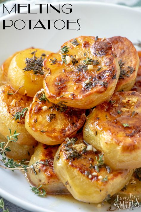 These gorgeous, golden, oven-roasted Melting Potatoes soaked in chicken stock are so tender, they really do melt in your mouth. Scored Baked Potatoes, Date Night Potatoes, Best Potatoes Recipes, Potato Medallions Baked, Melting Potatoes Food Network, Gem Potato Recipes, Klondike Potatoes Recipes, Simple Meal For A Crowd, Food 52 Recipes Website