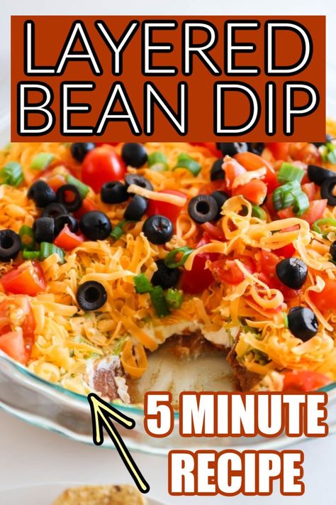 This layered bean dip takes just 5 minutes to make. A simple last minute appetizer or party food to serve up. Quick, delicious and loaded with Mexican inspired flavors. Easy 7 Layer Dip, Taco Bean Dip, Layered Bean Dip Recipe, Layer Bean Dip, Mexican Bean Dip, Easy Bean Dip, Layer Dip Recipe, 7 Layer Bean Dip, 7 Layer Dip Recipe