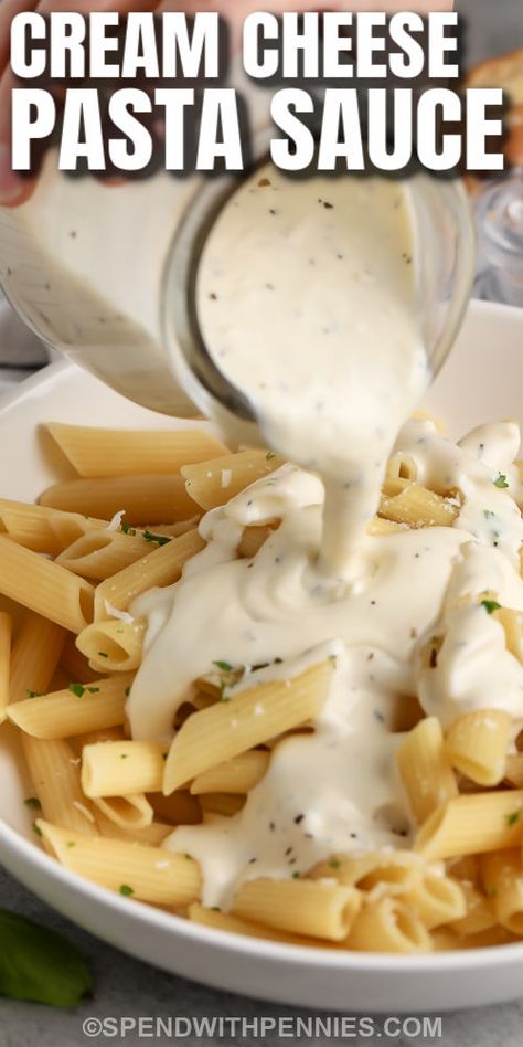 Make this super easy white sauce by blending cream cheese and lots of melty parmesan cheese. It’s just the right sauce for any shape of pasta. Want to stretch this dish even further for a crowd? Add some cooked chicken, shrimp, or even turkey for an extra dose of protein! The whole family will love this easy creamy sauce with pasta, and it's quick enough for a busy weeknight dinner. #spendwithpennies #creamcheesepastasauce #sauce #recipe Easy Creamy Sauce, Easy Fresh Tomato Sauce, Cream Cheese Pasta Sauce, Cheesy Pasta Sauce, Cheese Pasta Sauce, Pasta Sauce Recipes Easy, Easy White Sauce, White Cheese Sauce, Cream Cheese Pasta