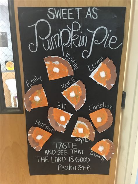 Thanksgiving classroom door- sweet as pumpkin pie   Mrs Adams Fall Door For Preschool, Sweet As Pumpkin Pie Classroom Door, Thanksgiving Class Door Decorations, Thanksgiving Daycare Decorations, Fall Themes For Infant Classroom, Thanksgiving Door Decorations Classroom Turkey, Fall Themed Preschool Door, Fall Classroom Party Decorations, Thanksgiving Bulletin Boards For Toddlers