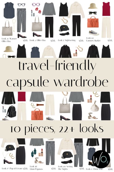 A travel-friendly capsule wardrobe featuring M.M.LaFleur creating 22+ outfits for day, night, office, weekend, and special events from 10 garments. Minimalist Travel Wardrobe Fall, Capsule Summer Wardrobe Travel Packing, 10x10 Capsule Wardrobe, Packing Capsule, Travel Capsule Wardrobe Spring, 10 Piece Capsule Wardrobe, Spring Travel Capsule, Summer Travel Capsule Wardrobe, 10 Piece Wardrobe