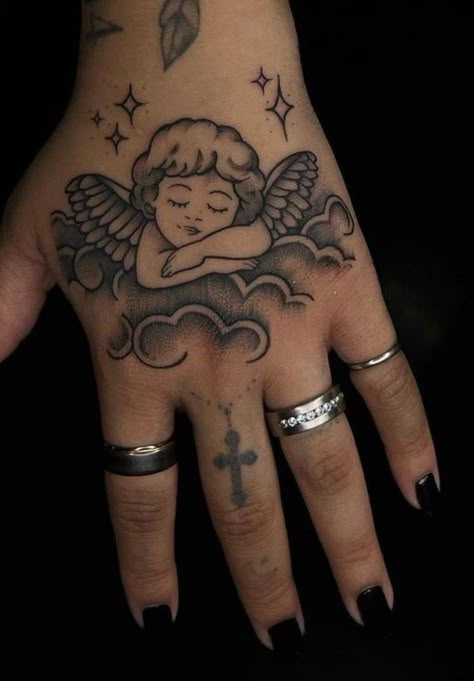 Angel Hand Tattoo, Tatuaje Hello Kitty, Cupid Tattoo, Small Finger Tattoos, Hand Tattoos For Girls, Cute Hand Tattoos, Hand And Finger Tattoos, Pretty Hand Tattoos, Pretty Tattoos For Women