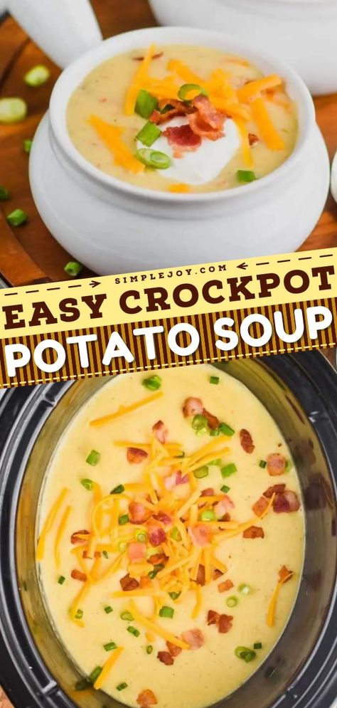 Crockpot Potato Soup Recipe, comfort food recipes, simple dinner recipes Bake Potatoes Soup In Crock Pot, Crock Pot Cheddar Potato Soup, Easy Potato Bacon Soup Crock Pot, Crockpot Potato Soup Without Cream Cheese, Crockpot Meals Potato Soup, Slow Cooker Potato Cheese Soup, Slow Cooked Potato Soup, Potato Soup In Slow Cooker, Cheesy Bacon Potato Soup Crockpot