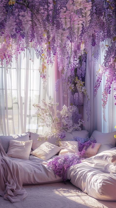 Escape into a serene purple wonderland with this dreamy wisteria-draped nook, perfect for afternoon daydreams and a touch of whimsy. 🌸💜 Purple Wisteria Bedroom, Pink Wisteria Decor, Dreamy Floral Aesthetic, Wisteria Canopy Bed, Wisteria In Bedroom, Wisteria Tree Room Decor, Hanging Flowers Bedroom, Hanging Wisteria Bedroom, Flower Ceiling Bedroom