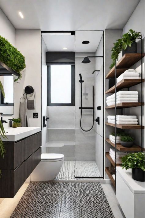 Organizing a small bathroom Shower And Storage Ideas, Small Modern Bathroom With Shower Only, Master’s Bathroom Ideas, Best Bathroom Storage Ideas, Bathroom Small Shower Ideas, Modern Bathroom Organization Ideas, Bathroom Storage No Closet, Guest Bath Storage, Bathroom With Cabinets Storage Ideas