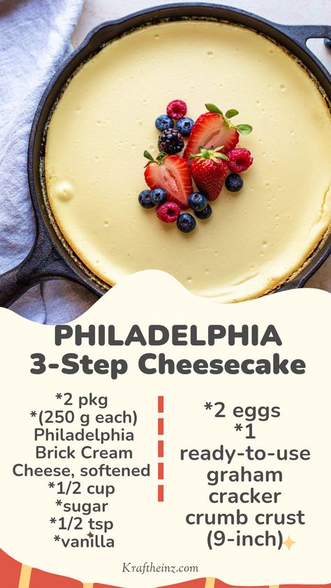 Image of a PHILADELPHIA 3-Step Cheesecake in a graham cracker crumb crust, freshly baked and ready to be chilled, presented on a dessert plate. Cheesecake With Ready Made Crust, 3 Step Cheesecake Philadelphia, Easy Desserts With Graham Cracker Crust, Easy Cheesecake Recipes Philadelphia, Cheesecake Recipe With Premade Crust, Cheesecake Recipes Plain, Philadelphia Cream Cheese Cheesecake Recipe, Philadelphia Cream Cheese Cheesecake, Pies With Graham Cracker Crust