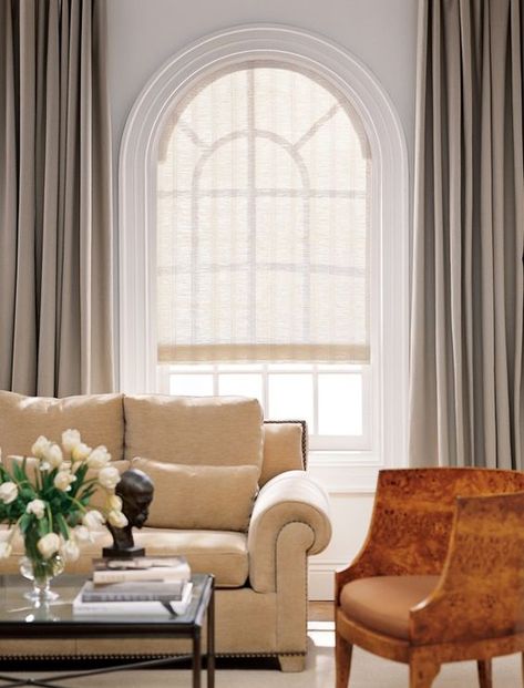 Beautiful Options for Arched Window Treatments - Making Pretty Spaces Blog Drapes On Arched Windows, Curved Window Treatments, Blinds For Arched Windows, Window Covering Ideas, Arched Window Coverings, Curtains For Arched Windows, Living Room Curtain Ideas, Room Curtain Ideas, Arched Window Treatments