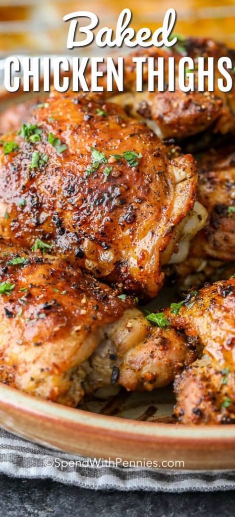 These oven baked chicken thighs are a delicious chicken dinner recipe that is both healthy and inexpensive. Serve this easy chicken recipe with mashed potatoes and roasted veggies for the perfect dinner recipe! #spendwithpennies #chicken #chickendinner #chickenthighs #bakedchicken #bakedchickenthighs بطاطس مهروسة, Lemon Chicken Thighs, Chicken Thights Recipes, Crispy Baked Chicken Thighs, Oven Baked Chicken Thighs, Chicken Dinner Recipe, Easy Chicken Recipe, Delicious Chicken Dinners, Roasted Chicken Thighs