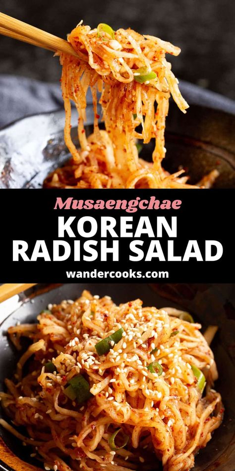 Our go-to Korean banchan when we want the flavour of kimchi without the ferment! Musaengchae is a quick radish salad bursting with spice and umami that’s super refreshing. Korean Radish Salad Recipe, Asian Radish Salad, Korean Radish Salad, Korean Cookbook, Korean Banchan, Korean Salad, Korean Radish, Yakitori Recipe, Easy Dumplings