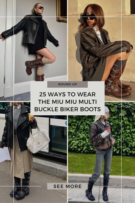 25 ideas to style the Miu Miu multi buckle biker boots Biker Boots Fall 2023, Dress With Biker Boots, Jeans And Biker Boots Outfit, Moto Booties Outfit, Knee High Motorcycle Boots Outfit, Miu Miu Boots Street Style, Bike Boots Woman Outfit, Biker Shoes Women Outfit, Tall Biker Boots Outfit