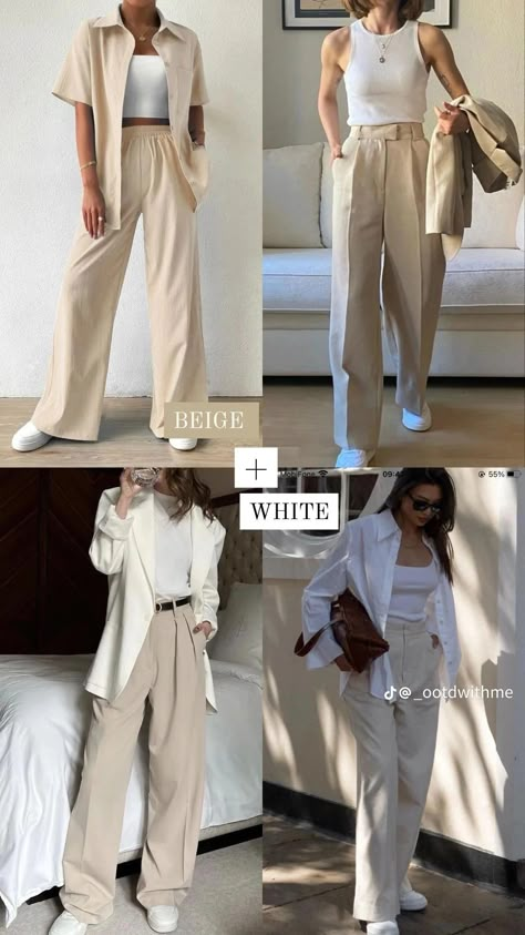 Bone Color Outfit, Cream Pants Outfit Korean, White And Beige Outfit Hijab, Korean Neutral Outfit, Beige Trousers Outfit Korean, Ootd Baju Cream Hijab, Mcmaster University, Smart Casual Women Outfits, Simple Style Outfits