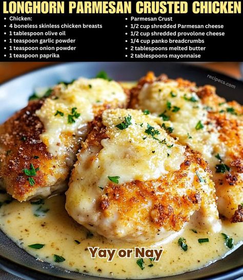 Parmesan Chicken Longhorn Copycat, Lemon Pecorino Crusted Chicken, Cheesecake Factory Parmesan Herb Chicken, Meat Dinners Easy, Recipes For Dinner Fancy, Best Parmesan Crusted Chicken, Most Popular Food Recipes, Copycat Longhorn Parmesan Crust, Top Rated Chicken Recipes