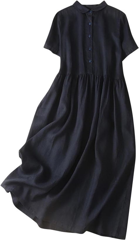 FunAloe Linen Dresses for Women UK Plus Size Short Sleeve Round Neck Plus Size Summer Dresses Plain Lapel Pleated Swing Wrap Beach Dresses Plus Size Elegant Wedding Casual Loose Fit Flowy Maxi Dress Fit Womens, Linen Shirt Dress, Linen Midi Dress, Linen Casual, Long Dress Casual, Pattern Ideas, Autumn 2024, Vintage Maxi Dress, Summer Chic