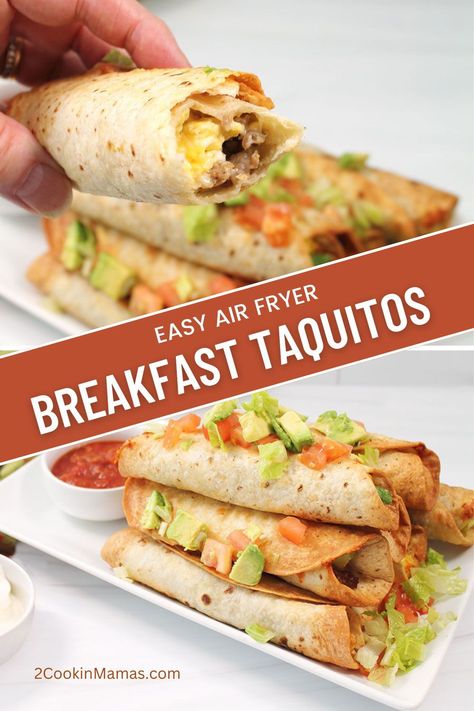 Start your day on a flavorful note with our Air Fryer Breakfast Taquitos! Enjoy the crunch of golden tortillas stuffed with savory breakfast sausage, light and airy scrambled eggs, and a whole lot of melted cheese. Quick, easy, and irresistibly delicious—these taquitos are so easy, you'll have a delicious breakfast in your hand in less than 20 minutes! #airfryertaquitos Breakfast Taquitos Baked, Breakfast Taquitos Freezer, Sausage Egg Tortilla, Breakfast Taquitos Air Fryer, Air Fryer Breakfast Tortilla, Air Fryer Tostadas, Air Fryer Breakfast Ideas, Egg Taquitos, Breakfast Ideas Air Fryer