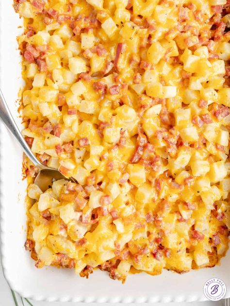 This Ham and Potato Casserole is easy, creamy, cheesy, and delish! Made with just 5 ingredients including frozen hash browns and ham, it's a great way to use up any holiday leftovers. Or enjoy it anytime throughout the year as an easy side dish at dinner, or for brunch or lunch. Hashbrown Casserole Diced Potatoes, Scalloped Potatoes Using Frozen Hashbrowns, Frozen Southern Style Hashbrown Recipes, Ham And Hash Brown Casserole, Shredded Hashbrown Recipes, Ham And Potato Recipes, Ham And Hashbrown Casserole, Frozen Hashbrown Recipes, Ham Hash