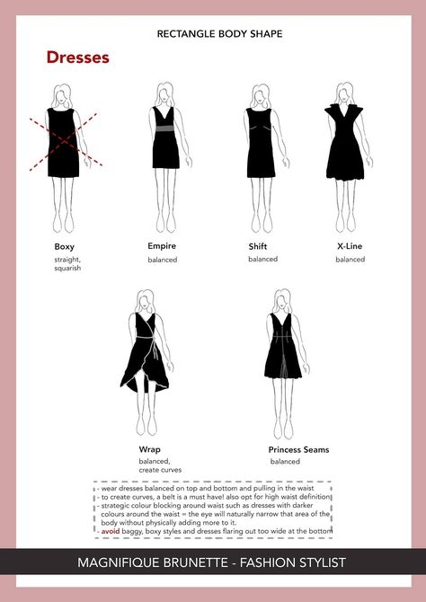 Body Shape Ultimate Guide - Part 2 = RECTANGLE SHAPE - Magnifique Brunette Clothing Style For Rectangle Body Shape, Rectangle Body Shape Outfits Black Women, Dress For Square Body Shape, Rectangle Body Shape Dresses, Outfit For Square Body Shape, Square Shape Body Outfits, Square Body Type Outfits, Rectangle Body Shape Outfits What To Wear, Body Shape Guide Rectangle