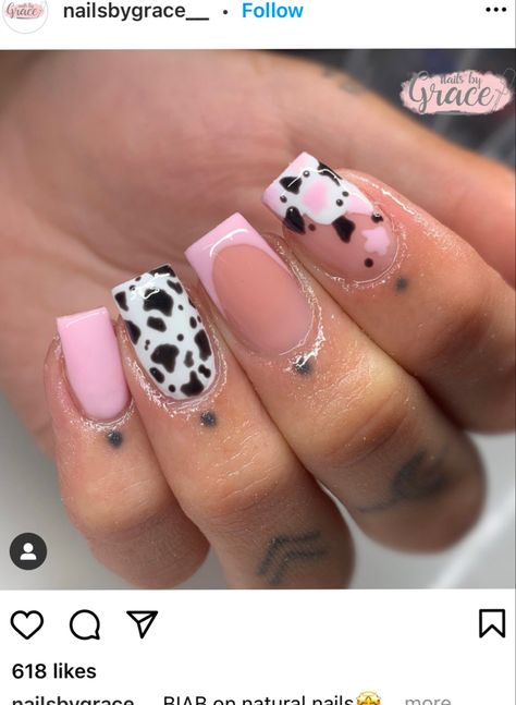 Pink Black And White Cow Print Nails, Nail Designs Cow Print Pink, Black French Tip Nails With Cow Print, White And Cow Print Nails, Cow Print Nails With Initial, Brown And Pink Cow Print Nails, Rodeo Nails Westerns Pink, Short Cow Print Nails Acrylic, Bright Pink Cow Print Nails