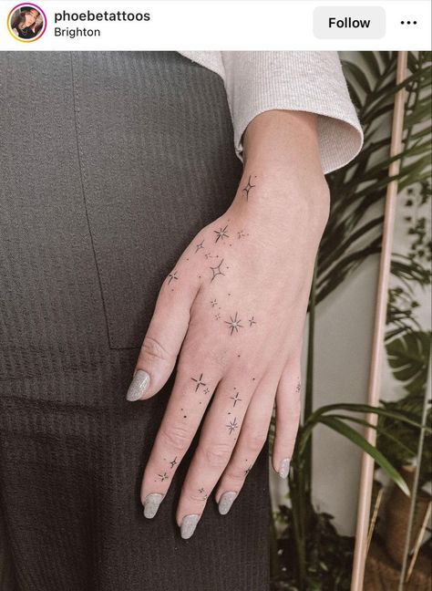 Sparkle Tattoo Design Hand, Dainty Star Hand Tattoo, Sparkle On Hand Tattoo, Tattoo Sparkle Effect, Star Hands Tattoo, Hand Twinkle Tattoo, Hand Tattoos Constellation, Astronomy Hand Tattoo, Sparkle Star Tattoo Hand