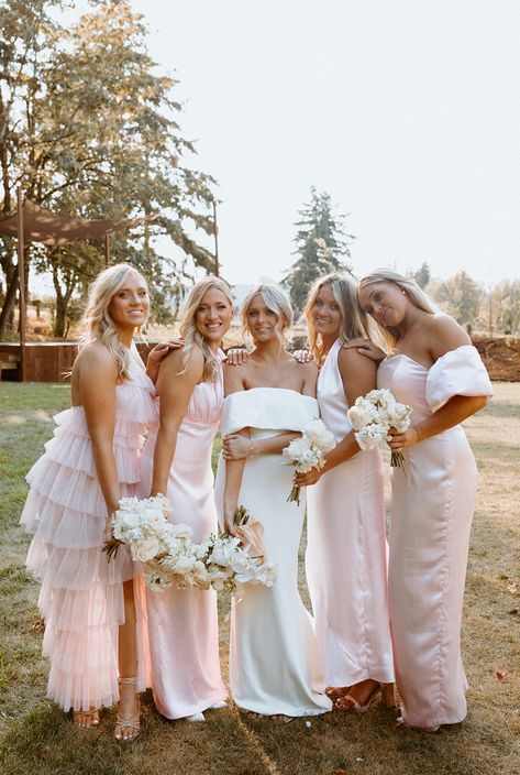 Pastel Pink Bridesmaid Dresses Long, Light Pink Satin Bridesmaid Dresses, Pink Bridesmaids Dresses Mismatched, Flower Girl Aesthetic Wedding, Bridesmaid Dresses Pink Blush, 2 Bridesmaids And Bride, Soft Pink Bridesmaid Dresses, Baby Pink Bridesmaid Dresses, Pink Bridal Party Dresses