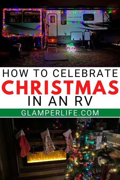 Holidays In An Rv, Trailer Park Christmas Decorations, Christmas Tree Ideas For Rv, Christmas Lights On Rv, Rv Decorated For Christmas, Christmas In An Rv Ideas, Christmas Campsite Decorations, Rv Christmas Decorations Inside, Rv Christmas Tree Ideas