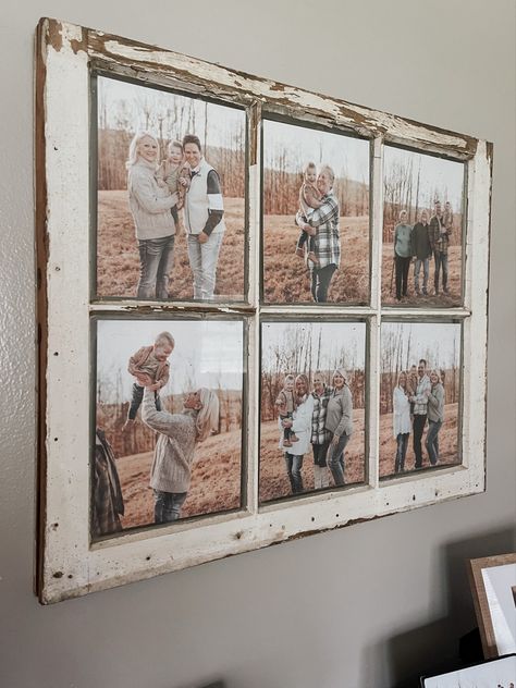 Farmhouse Window Picture Frame, Vintage Window Frame Ideas Wall Art, Old Window With Pictures, Old Window Frame Decor Ideas, Pictures In Old Window Frames, Old Window Picture Frame Ideas, Old Wood Window Frame Ideas, Pictures In Window Panes, Big Picture Wall Ideas Living Room