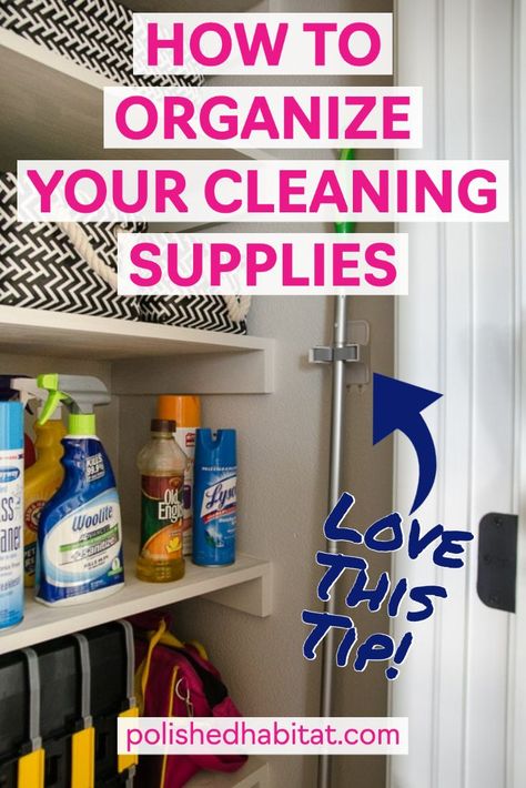 Looking for the perfect storage solutions and organizing ideas for cleaning supplies and the vacuum? Try this hack of turning your coat closet into a cleaning closet! Even if you can't dedicate an entire closet, the ideas in this post like the rental-friendly Swiffer / broom holders will help make everyday cleaning easier!   Organize Cleaning Supplies closet | Cleaning Supplies storage ideas | cleaning supplies organization | cleaning supplies organization closet Linen Closet Cleaning Supplies, Coat Closet Into Cleaning Closet, How To Organize A Cleaning Closet, Organisation, How To Organize Cleaning Supplies Closet, Broom Mop Storage, Mop Closet Organization, How To Organize Brooms And Mops, Storage Ideas For Cleaning Supplies