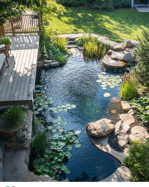 Natural River Backyard, House Pond Ideas, Small Coy Pond Ideas Backyards, House With Stream, Natural Pool With Waterfall, Natural Backyard Pond, Lake Beach Landscaping, Garden Ponds With Waterfalls, Small Garden Ponds Ideas