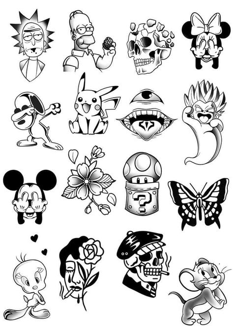 Tato Geisha, Tato Flash, Cool Tattoo Drawings, Tattoo Outline Drawing, Cartoon Character Tattoos, Simple Tattoo Designs, Flash Tattoo Designs, Tattoo Flash Sheet, Tattoo Stencil Outline