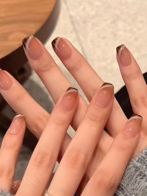 Coffee Brown  Collar   Geometric Color Nails Embellished   Nail,Hand & Foot Care Brown And Pearl Nails, Coffee Brown Nails, Coffee Brown Color, Nails Aesthetic, French Nail Designs, Color Nails, Pearl Nails, Color Cafe, Brown Nails