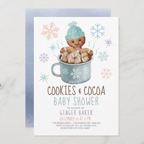 Gingerbread Cookies & Cocoa Winter Boy Baby Shower Invitation Girl Gingerbread, Winter Birthday Invitations, Gingerbread Baby, Winter Baby Shower Invitations, Watercolor Winter, Christmas Baby Shower, Boy Birthday Invitations, Gingerbread Girl, Baby Invitations