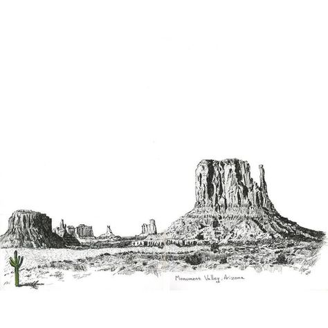 Western Landscape Drawings, Southwestern Drawing, Monument Valley Tattoo, Wild West Drawing, Desert Landscape Drawing, Arizona Drawing, Wild West Tattoo, Western Landscape Art, Desert Drawing