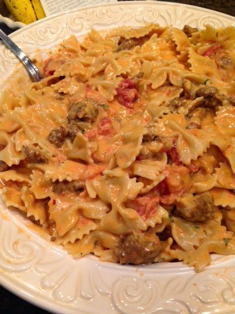 Grammy's Apron (Recipes & Reflections): Bowtie Pasta with Italian Sausage & Cream Sauce Bowtie Pasta And Sausage Recipes, Italian Sausage Bowtie Pasta Recipes, Creamy Bowtie Pasta With Ground Beef, Smoked Sausage And Bow Tie Pasta, Creamy Sausage Bowtie Pasta, Bow Tie Pasta Recipe, Pasta Bake Easy, Italian Sausage Pasta, Cream Sauce Recipes