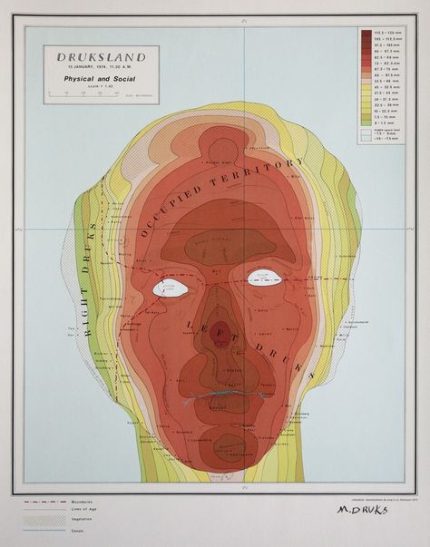 This Map Charts the Complex Landscape of an Artist’s Face In 1973, the Israeli artist Michael Druks created an unconventional self-portrait. Map Legend, Topographic Map Art, Topography Map, 15 January, Map Projects, Body Map, Charles Ray, Map Globe, Art Carte