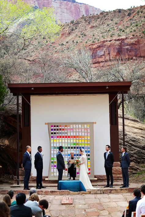 20 DIY Paper Wedding Backdrops | Brit + Co Quilt Backdrop Wedding, Quilt Backdrop, Zion National Park Wedding, Vintage Wedding Ceremony, Modern Wedding Ceremony, Stage Ideas, Wedding Backdrops, Garden Weddings Ceremony, Ceremony Design