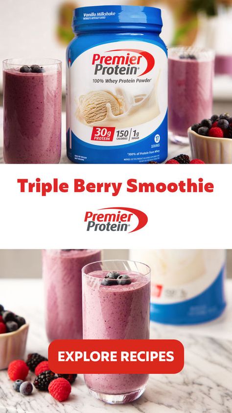 Make this fresh and creamy Triple Berry Smoothie with Vanilla Premier Protein Powder! Shop now. Premier Protein Recipes, Triple Berry Smoothie, Food To Gain Muscle, Premier Protein Shakes, Protein Drink Recipes, Fruit Smoothie Recipes Healthy, Premier Protein, Smoothie Recipes Healthy Breakfast, Smoothie Drink Recipes