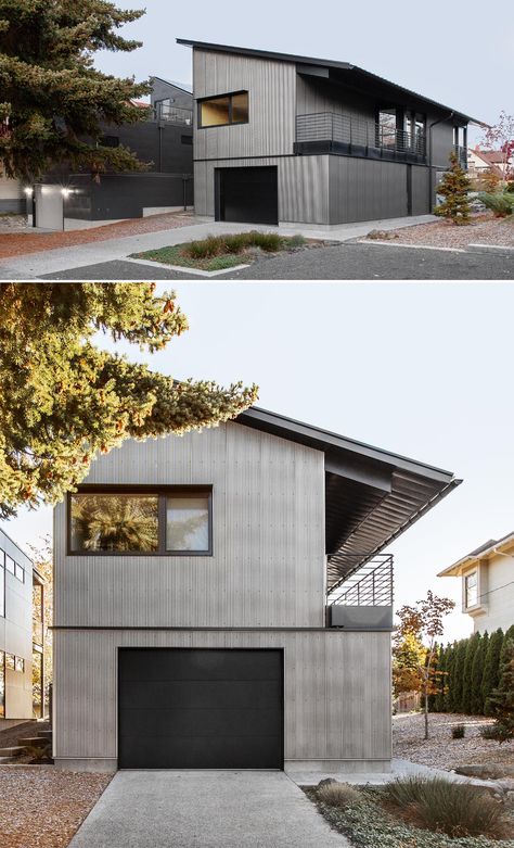 Corrugated Metal Siding Gives This New House A Strong Exterior Metal Siding House, Rv House, Metal Houses, Amatitlan, Corrugated Metal Wall, Corrugated Metal Siding, Corrugated Metal Roof, Steel Siding, Modern Shed