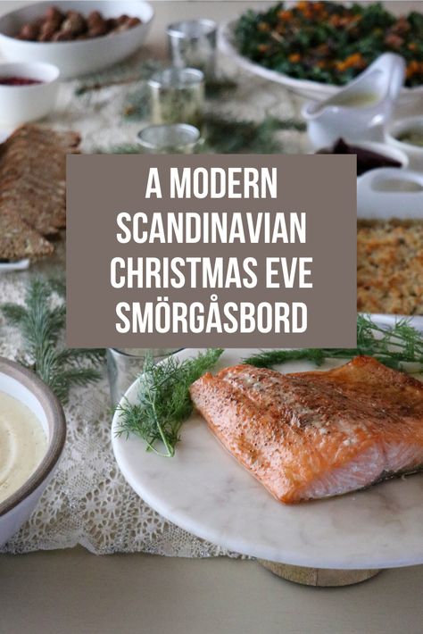 A simple, elegant Christmas Eve Smörgåsbord menu which both honors Swedish tradition and brings some fresh, modern dishes to the table. #christmas #scandinavian #swedish #smörgåsbord Swedish Christmas Tablescape, Scandinavian Christmas Food Norwegian Recipes, Scandinavian Christmas Cookies Recipes, Norwegian Smorgasbord Ideas, Swedish Christmas Baking, Swedish Christmas Food Traditional, Swedish Appetizer Recipes, Authentic Swedish Recipes, Scandinavian Side Dishes