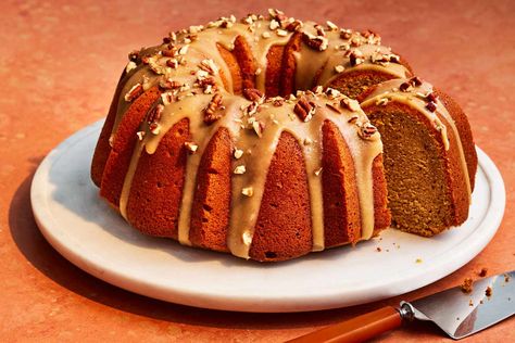 Sweet Potato Bundt Cake Recipe, Butterscotch Bundt Cake, Sweet Potato Bundt Cake, Star Desserts, Salted Caramel Glaze, Fall Ingredients, Sweet Potato Pound Cake, Bundt Pans, Breakfast Party Foods