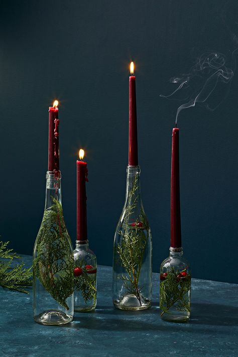 evergreen candle sticks Evergreen Candle, Bottle Candle Holder, Candle Stick Decor, Christmas Crafts For Adults, Christmas Hacks, Bottle Candles, Christmas Inspo, Christmas Table Settings, Deco Floral