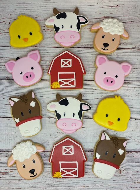 Farm Theme Cookie Favors With Barn Horse Pig Chick | Etsy Cow Birthday Cookies, Farm Baby Shower Theme, Barnyard Theme, Cow Cookies, Farm Cookies, Pig Cookies, Barnyard Birthday Party, Horse Cookies, Farm Theme Birthday