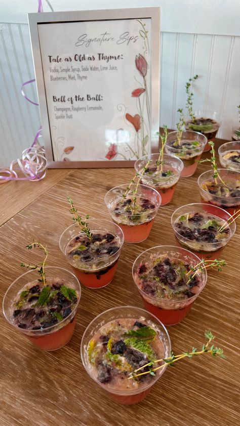 Fairytale Themed Dinner Party, Fairytale Themed Snacks, Fairy Garden Snacks, Woodland Themed Cocktails, Fairytale Party Food Ideas, Fairy Garden Bridal Shower Theme, Cottage Themed Party, Plant Themed Cocktails, Tea Themed Bachelorette Party