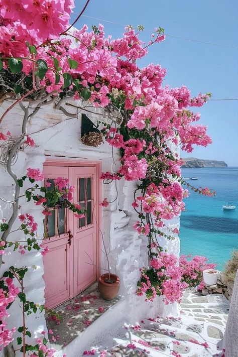 Greece Pink Aesthetic, Pink Wallpaper Iphone Flowers, Pink Bougainvillea Aesthetic, Pink Greece Aesthetic, Wallpaper Iphone 2024, Character Flower House Vibe, Travel Pink Aesthetic, Santorini Greece Aesthetic Wallpaper, Greece Backgrounds