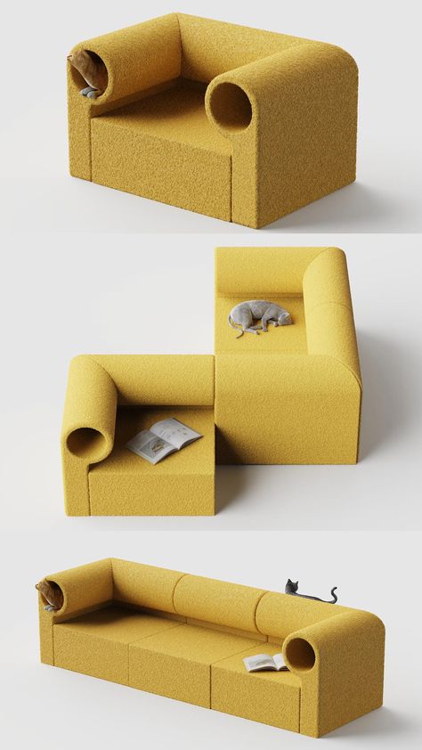 Modular Aisle Sofa Doubles as Play Tunnel Addressing Your Cat’s Curiosity Modular Furniture Design, Pet Friendly Furniture, Cat Furniture Design, Modular Sofa Design, Play Tunnel, Modular Chair, Soft Furniture, Modern Sofa Designs, Enjoy The Moment