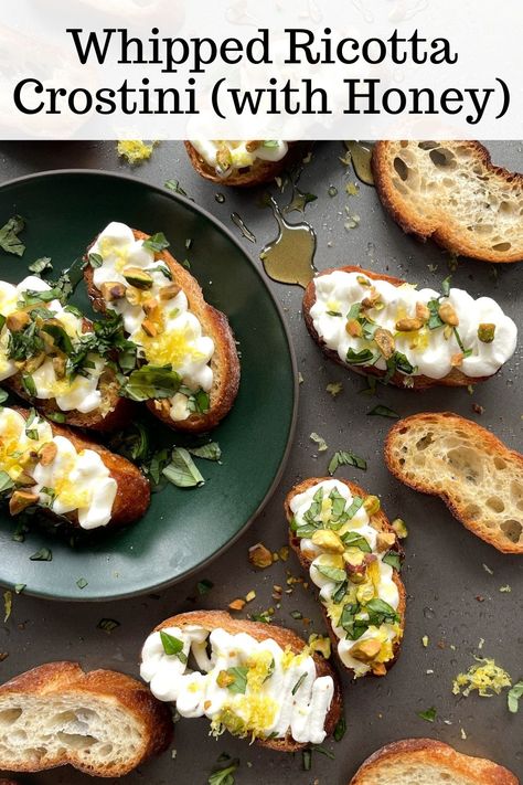 Whipped Ricotta Crostini (with Honey) Honey Ricotta Crostini, Whipped Ricotta Pear Crostini, Honey Ricotta Peach Crostini, Crostini Ricotta Appetizers, Crustini Appetizers Ricotta, Ricotta Baguette Appetizer, Vegetarian Crostini Appetizers, Ricotta And Hot Honey Crostini, Summer Crostini Appetizers