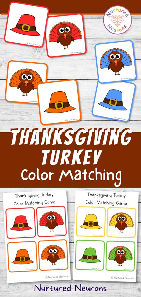 Here's a cute Thanksgiving color matching game to help develop those color recognition skills and learn the color names - great for toddlers and preschoolers! It's super simple to prepare - just print off and cut out the cards. Grab this colorful turkey activity over at Nurtured Neurons! #colormatching #toddlergames #preschoolprintables #toddleractivities #toddlerlearning #turkeys #Thanksgivingactivities #Thanksgiving #toddlergames #toddlerdiy November Montessori Activities Toddler, Thanksgiving Sensory Activities Preschool, Thanksgiving Curriculum Toddlers, Preschool Thanksgiving Literacy Activities, Giving Thanks Activities For Preschool, Thanksgiving Pre K Worksheets, Thanksgiving Math Activities Toddlers, Thanksgiving Themed Activities For Preschool, Thanksgiving Shapes Preschool